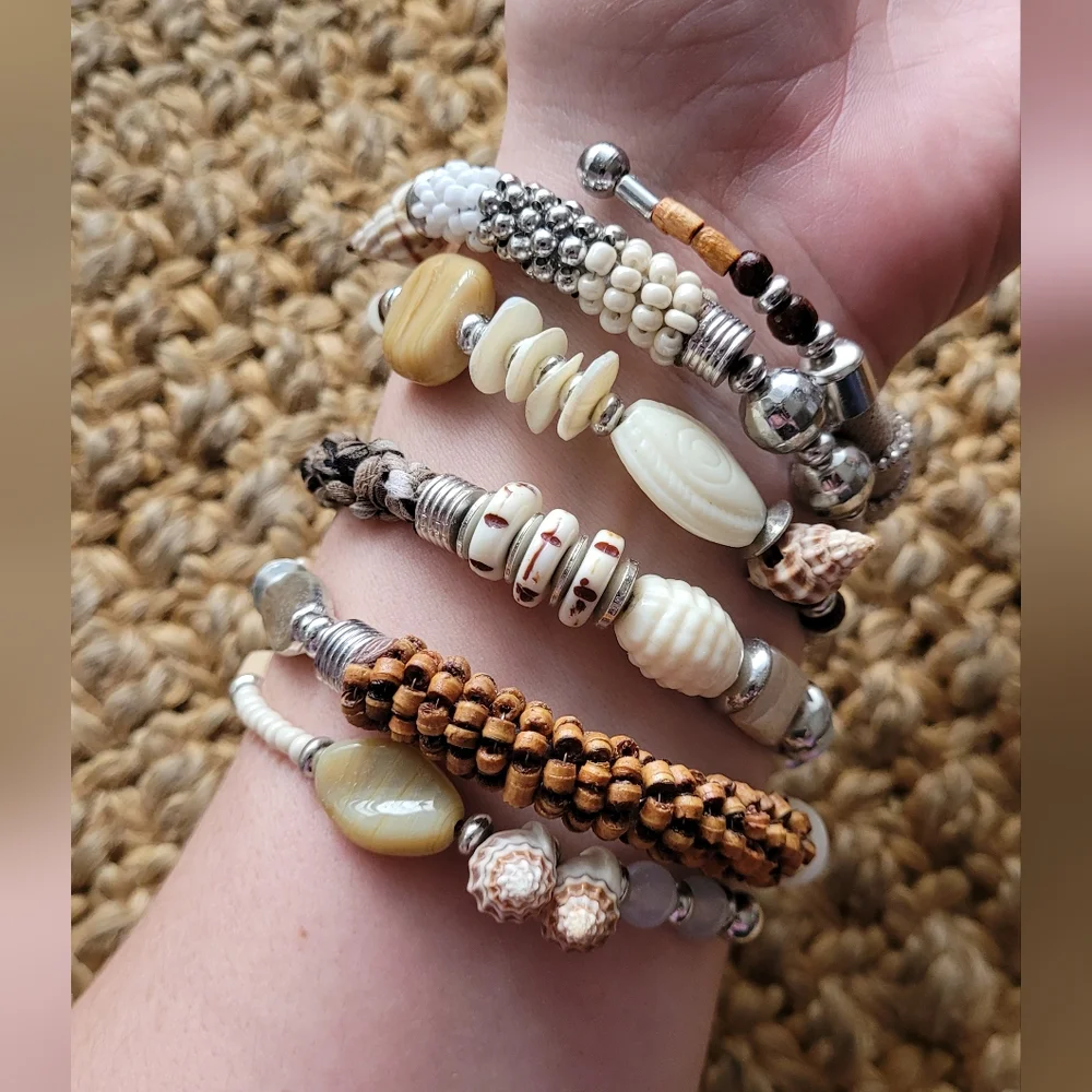 6 Strand Earthy Wraparound Bracelet, Stone, Shell & Wood. Cream, Silver, Brown.